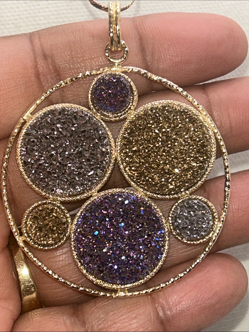Milor 14KT Gold Druzy Circle Pendant and Earrings Vintage